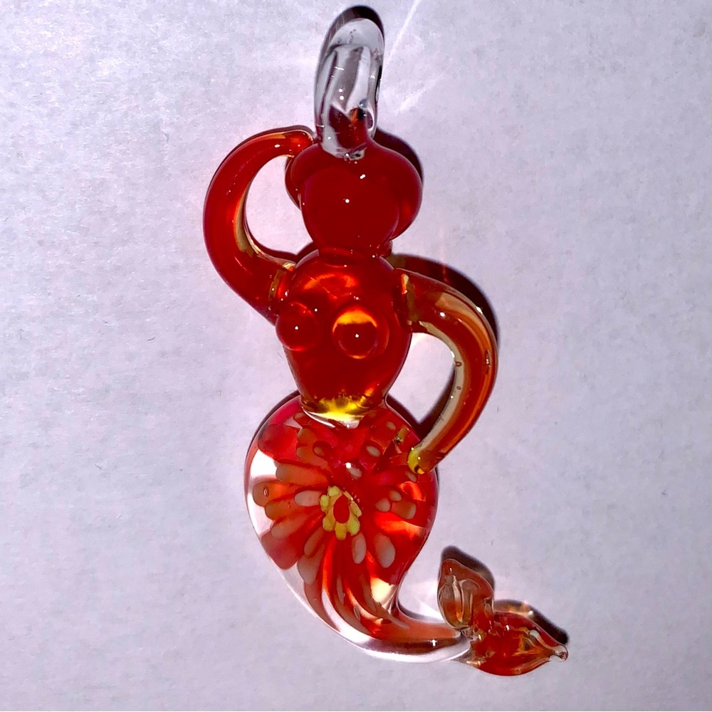 Handmade Glass Pendant Red Mermaid Shape.